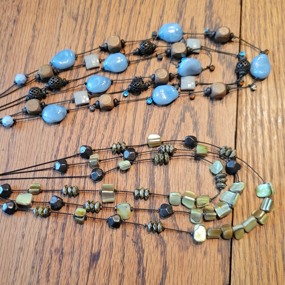 Bundle of 2, 3 Strand Necklaces Blue and Green in Color